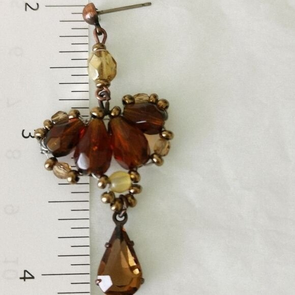 Vintage Czech Beaded Dangle Earrings Brown Gold - Picture 4 of 5